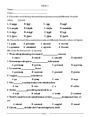 Đề kiểm tra 1 tiết môn Tiếng Anh Lớp 9 (Có đáp án)