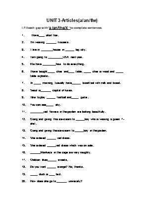Đề kiểm tra 15 phút môn Tiếng Anh Lớp 8 - Unit 3: Articles(a/an/the) - Ms Nhung