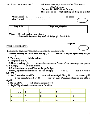 Đề thi chọn học sinh giỏi môn Tiếng Anh Lớp 9 - Năm học 2014-2015 - Trường THCS Kim Thư (Có đáp án)