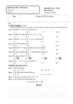 Bài kiểm tra 1 tiết môn Số học Lớp 6
