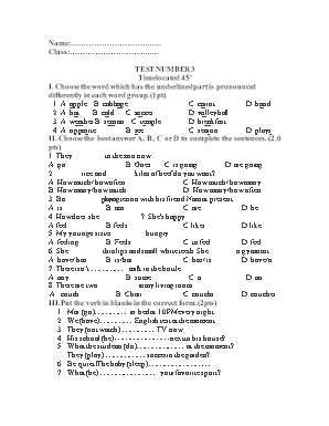 Đề kiểm tra 15 phút môn Tiếng Anh Lớp 6 (Có đáp án)