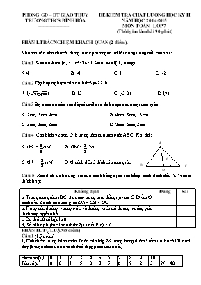 Đề kiểm tra chất lượng học kỳ II môn Toán Lớp 7 - Năm học 2014-2015 - Trường THCS Bình Hòa