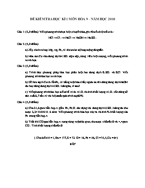 Đề kiểm tra học kì 1 môn Hóa học Lớp 9 năm 2010 - Sở giáo dục và đào tạo Đà Nẵng