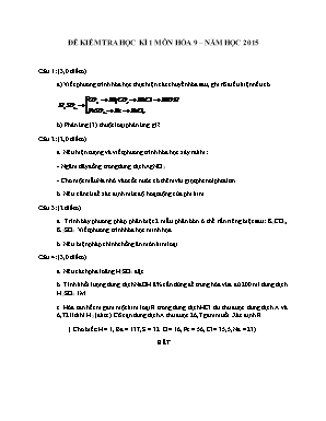 Đề kiểm tra học kì 1 môn Hóa học Lớp 9 năm 2015 - Sở giáo dục và đào tạo Đà Nẵng