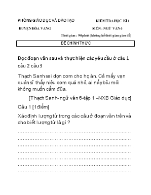 Đề kiểm tra học kỳ I môn Ngữ văn Lớp 6 - Phòng giáo dục và đào tạo huyện Hòa Vang