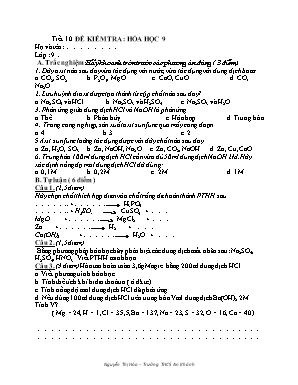 Đề kiểm tra tiết 10 môn Hóa học Lớp 9 - Nguyễn Thị Hòa (Có đáp án)