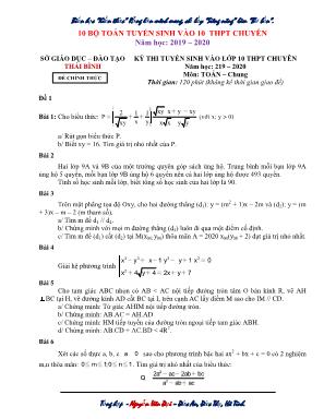 10 Bộ toán tuyển sinh vào Lớp 10 THPT Chuyên - Năm học 2019-2020