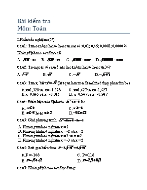 Bài kiểm tra 1 tiết môn Đại số Lớp 9
