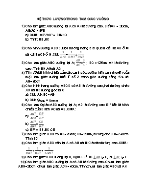 Bài tập Hình học Lớp 9: Hệ thức lượng trong tam giác vuông