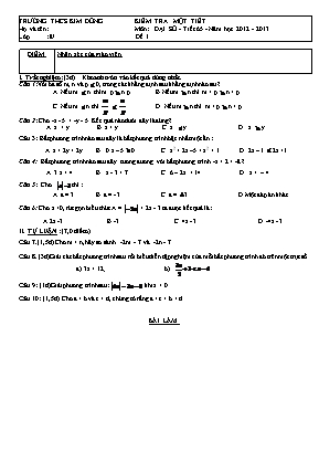 Bộ đề kiểm tra 1 tiết môn Đại số Lớp 8 - Tiết 65 - Năm học 2012-2013 - Trường THCS Kim Đồng (Có đáp án)