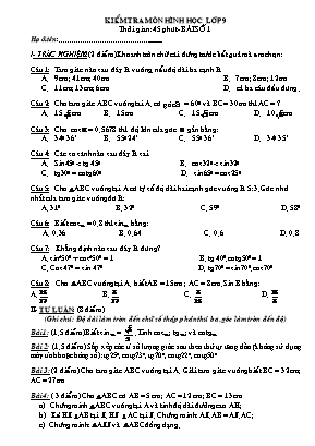 Bộ đề kiểm tra môn Hình học Lớp 9