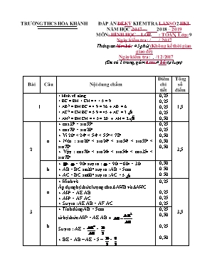 Đáp án kì kiểm tra số 2 môn Đại số Lớp 9 - Năm học 2018-2019 - Trường THCS Hòa Khánh