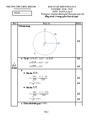 Đáp án kỳ kiểm tra số 4 môn Đại số Lớp 9 - Năm học 2018-2019 - Trường THCS Hòa Khánh