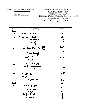 Đáp kỳ kiểm tra số 1 môn Đại số Lớp 9 - Năm học 2018-2019 - Trường THCS Hòa Khánh