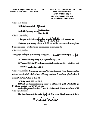 Đề giới thiệu thi tuyển sinh vào THPT môn Toán Lớp 9 - Năm học 2018-2019 - Phòng giáo dục và đào tạo huyện Kinh Môn (Có đáp án)
