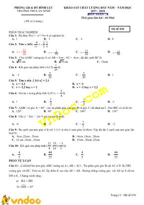 Đề khảo sát chất lượng đầu năm môn Toán Lớp 8 - Mã đề 038 - Năm học 2017-2018 - Trường THCS An Ninh