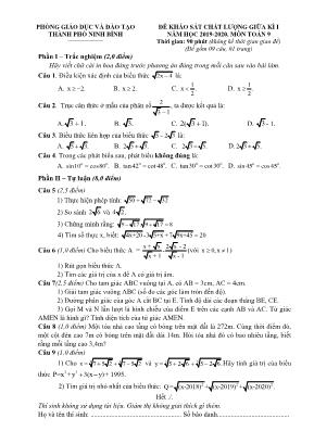 Đề khảo sát chất lượng giữa kì I môn Toán Lớp 9 - Năm học 2019-2020 - Phòng giáo dục và đào tạo thành phố Hồ Chí Minh (Có lời giải)