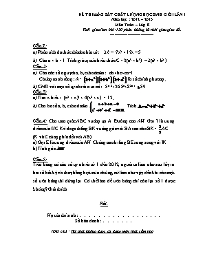 Đề khảo sát chất lượng học sinh giỏi môn Toán Lớp 8 lần 1 - Năm học 2012-2013 (Có đáp án)
