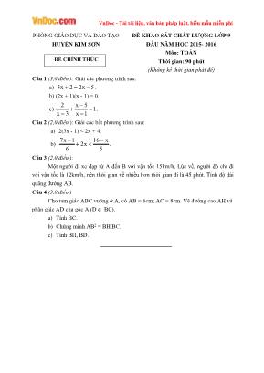 Đề khảo sát chất lượng môn Toán Lớp 9 - Năm học 2015-2016 - Phòng giáo dục và đào tạo huyện Kim Sơn (Có đáp án)