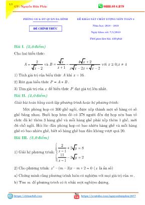 Đề khảo sát chất lượng môn Toán Lớp 9 - Năm học 2018-2019 - Phòng giáo dục và đào tạo tỉnh Ba Đình (Có đáp án)
