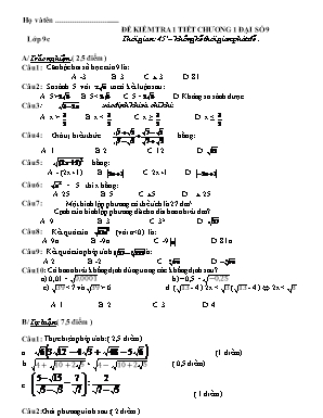 Đề kiểm tra 1 tiết Chương 1 môn Đại số Lớp 9
