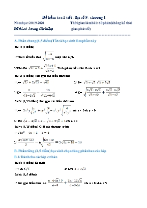 Đề kiểm tra 1 tiết Chương I môn Đại số Lớp 9 - Năm học 2019-2020