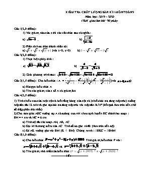 Đề kiểm tra chất lượng bán kì I môn Toán Lớp 9 - Năm học 2019-2020 - Trường THCS Tân Bình (Có lời giải)