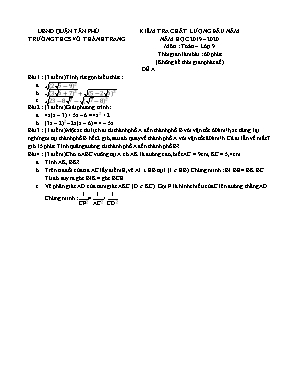 Đề kiểm tra chất lượng đầu năm môn Toán Lớp 9 - Năm học 2019-2020 - Trường THCS Võ Thành Trang