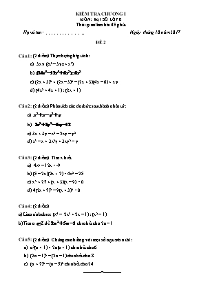 Đề kiểm tra Chương I môn Đại số Lớp 8 - Đề 2 - Năm học 2017-2018 (Có đáp án)