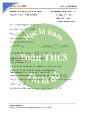 Đề kiểm tra giữa học kì I môn Toán Lớp 9 - Năm học 2018-2019 - Trường THCS - THPT Newton (Có đáp án)