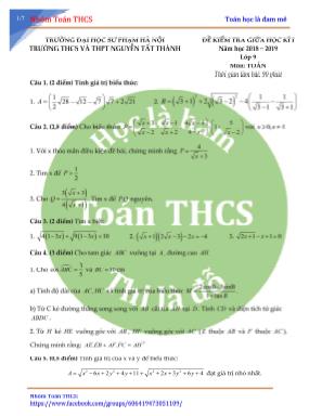 Đề kiểm tra giữa học kì I môn Toán Lớp 9 - Năm học 2018-2019 - Trường THCS và THPT Nguyễn Tất Thành (Có đáp án)