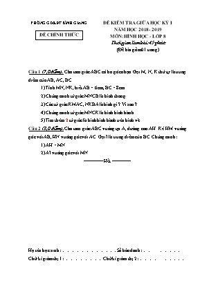 Đề kiểm tra giữa học kỳ I môn Hình học Lớp 8 - Năm học 2018-2019 - Phòng giáo dục và đào tạo Bình Giang (Có đáp án)