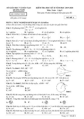 Đề kiểm tra học kì II môn Toán Lớp 9 - Đề A - Năm học 2019-2020 - Sở giáo dục và đào tạo Quảng Nam