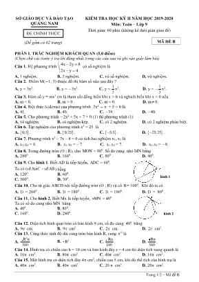 Đề kiểm tra học kì II môn Toán Lớp 9 - Mã đề B - Năm học 2019-2020 - Sở giáo dục và đào tạo Quảng Nam