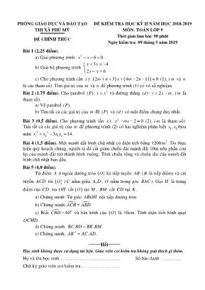 Đề kiểm tra học kì II môn Toán Lớp 9 - Năm học 2018-2019 - Phòng giáo dục và đào tạo thị xã Phú Mỹ (Có đáp án)