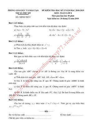 Đề kiểm tra học kỳ I môn Toán Lớp 8 - Năm học 2018-2019 - Phòng giáo dục và đào tạo thị xã Phú Mỹ