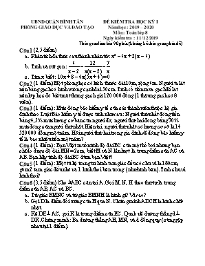 Đề kiểm tra học kỳ I môn Toán Lớp 8 - Năm học 2019-2020 - Phòng giáo dục và đào tạo quận Bình Tân