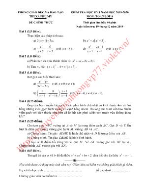 Đề kiểm tra học kỳ I môn Toán Lớp 8 - Năm học 2019-2020 - Phòng giáo dục và đào tạo thị xã Phú Mỹ