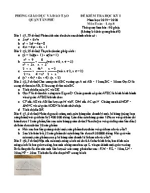 Đề kiểm tra học kỳ I môn Toán Lớp 8 - Năm học 2019-2020 - Phòng giáo dục và đào tạo quận Tân Phú