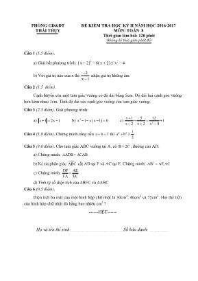 Đề kiểm tra học kỳ II môn Toán Lớp 8 - Năm học 2016-2017 - Phòng GD và ĐT Thái Thụy (Có đáp án)