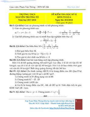Đề kiểm tra học kỳ II môn Toán Lớp 8 - Năm học 2017-2018 - Trường THCS Nguyễn Trường Tộ (Có đáp án)