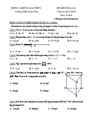 Đề kiểm tra lại môn Toán Lớp 8 - Năm học 2017-2018 - Trường THCS Giao Tân (Có đáp án)