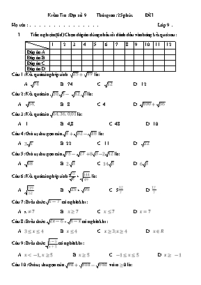 Đề kiểm tra môn Đại số Lớp 9 - Đề 1