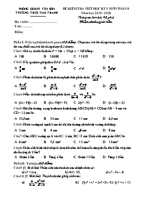 Đề kiểm tra viết học kỳ I môn Toán Lớp 8 - Năm học 2019-2020 - Trường THCS Tam Thanh
