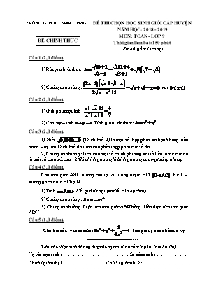 Đề thi chọn học sinh giỏi cấp huyện môn Toán Lớp 9 - Năm học 2018-2019 - Phòng giáo dục và đào tạo Bình Giang (Có đáp án)