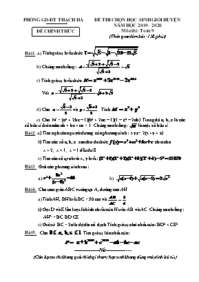 Đề thi chọn học sinh giỏi huyện môn Toán Lớp 9 - Năm học 2019-2020 - Phòng giáo dục và đào tạo Thạch Hà (Có đáp án)