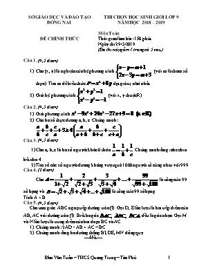 Đề thi chọn học sinh giỏi Lớp 9 môn Toán - Năm học 2018-2019 - Sở giáo dục và đào tạo Đồng Nai (Có đáp án)