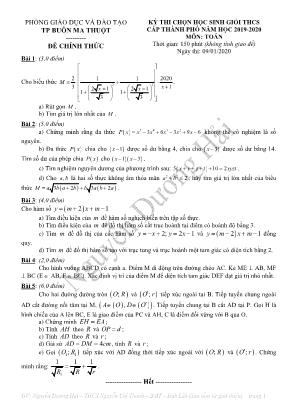 Đề thi chọn học sinh giỏi THCS cấp thành phố môn Toán Lớp 9 - Năm học 2019-2020 - Phòng giáo dục và đào tạo TP. Buôn Ma Thuột (Có đáp án)