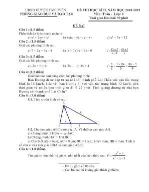 Đề thi học kỳ II môn Toán Lớp 8 - Năm học 2018-2019 - Phòng giáo dục và đào tạo huyện Tân Uyên (Có đáp án)