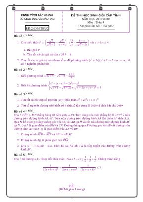 Đề thi học sinh giỏi cấp tỉnh môn Toán Lớp 9 - Năm học 2019-2020 - Sở giáo dục và đào tạo Bắc Giang